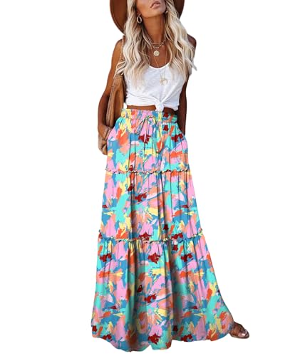 EARKOHA Trendy Lightweight Drawstring Tiered Ruffles Paisley Hippie Plus Size Bohemian Long Maxi Skirt with Deep Pockets for Office Music Festival Travel Picnic Dating Fall Outfits Print Tie Dye M