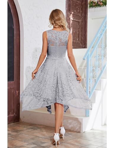 Meetjen Women's Cocktail Lace Dress for Wedding Guest Handkerchief Hem Elegant Asymmetrical Bridesmaid Dresses Grey L - Thumbnail 4