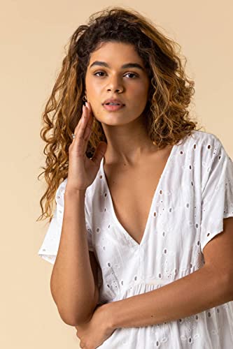 Roman Originals Women Broderie Tiered Smock Dress - Ladies Spring Holiday Summer Casual V-Neckline Short Sleeve Relaxed Lined Comfy Dresses - Ivory - Size 12 #TOP4