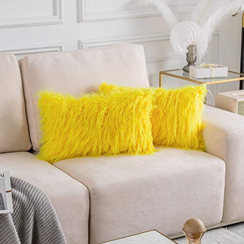 Home Brilliant Lumbar Pillow Covers 12x20 Decorative Faux Fur Oblong Fuzzy Throw Pillow Cover for Couch Sofa Bed Spring Decoration, 12x20inches, 30 x 50cm, Set of 2, Yellow