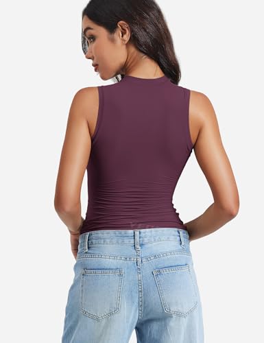 Image of YEOREO Women Basic Mock Neck Workout Crop Top Sleeveless Double Lined Tank Tee Slim Fitted Ruched Going Out Camisole