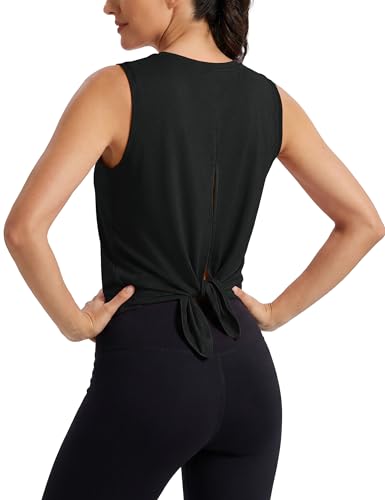 Image of MAGCOMSEN Workout Tank Tops Woman Summer Open Back Yoga Athletic Shirts Sleeveless Tie Back Loose Fit Gym Muscle Tank