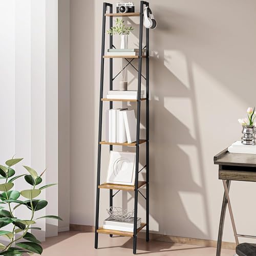 Hzuaneri Ladder Shelf, Bookshelf Bookcase, Freestanding Corner Storage Shelve with 2 Hooks for Home Office, Living Room, Kitchen, Bedroom, Industrial, 11.8"D x 13.4"W x 72.8"H, Rustic Brown BC13301B