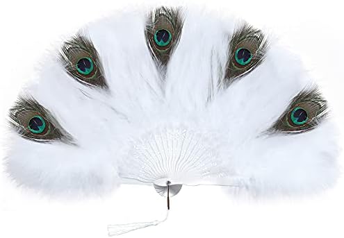 BABEYOND Marabou Feather Fan 20s Vintage Folding Fan Flapper Hand Fan for Costume Dancing Show Tea Party Wedding Decoration (White with Peacock Feather)