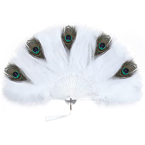 Babeyond Marabou Feather Fan 20S Vintage Folding Fan Flapper Hand Fan For Costume Dancing Show Tea Party Wedding Decoration (White With Peacock Feather) #TOP23
