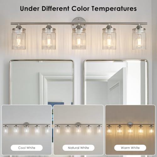 Image of Jonsi Nickel Bathroom Light Fixtures 5-Light Vanity Lights Modern Wall Sconce with Clear Glass Shade Brushed Nickel Bathroom Light Fixture Over Mirror for Bedroom Hallway Kitchen