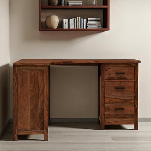 Image of The Attic Illinoi Study Table, Solid Sheesham Wood Left Corner Study Table, Honey Matt