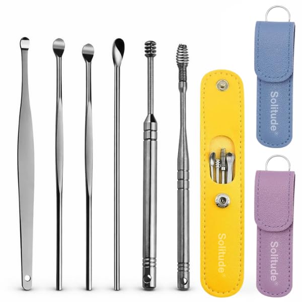 Solitude Set of 6 Steel Ear Cleaning Kit | Reusable Ear Wax Remover Tool Kit Set With Storage Pack, Ear Curette Cleaner and Spring Ear Buds Cleaner (Multicolor)
