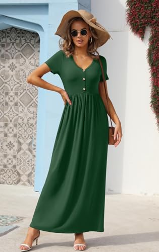 Image of GRECERELLE Womens Summer Long Maxi Dresses 2026 Short Sleeve V Neck Casual Button Dress with Pockets
