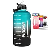 BuildLife Half Gallon Water Bottle - BPA Free Leakproof Water Jug Gradient Motivational Time Marker with Straw & Phone Holder Handle to Remind You Drink More Water (Green/Black Gradient,Half Gallon)
