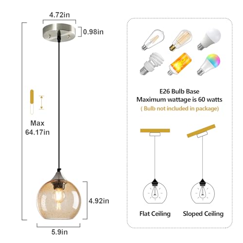 Image of Light Brown Glass Pendant Lights Kitchen Island Globe Pendant Light Fixtures Modern Pendant Lighting for Bedroom Living Dining Room Light Fixture (5.9 in, 2 Pack)