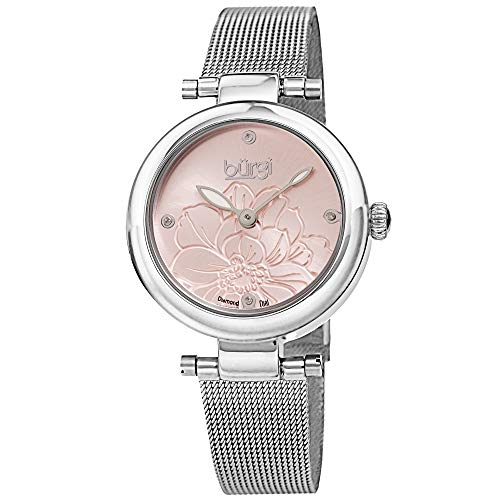 Burgi Diamond Accented Flower Dial Watch - 4 Diamond Hour Markers On Stainless Steel Mesh Bracelet - BUR260 (Silver Band Pink Dial)
