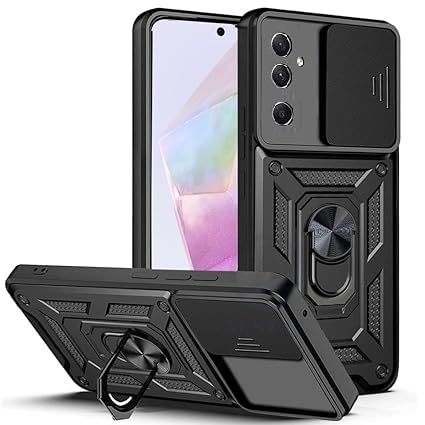 Image of SPAZY CASE Samsung Galaxy M36 5G Back Cover | Heavy Duty Hybrid Case with 360 Degree Rotating Finger Ring Holder + Slider Shutter Camera Protection Case for Samsung Galaxy M36 5G - Black