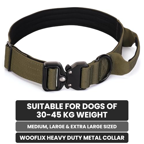 Image of Wooflix Metal Dog Collar for Training and Walks | Nylon Collar with Tactical Metal Buckle and D-Ring for Medium and Large Dogs | Dog Collar for Heavy Breed Dogs (Army Green T2, Large)