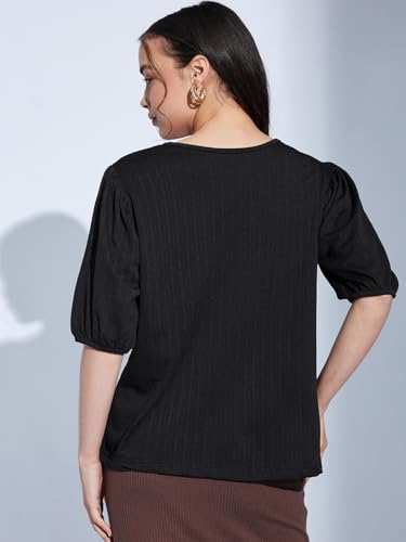 Image of Selvia Textured Lycra Plain Regular fit Round Neck Balloon Sleeve Stylish
