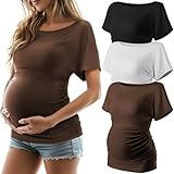Ficerd 3 Pack Women's Maternity Shirts, Boat Neck Short Sleeve Pregnancy T Shirts Side Ruched Tunic Casual Summer Tee Tops(Coffee, White, Black,Medium)