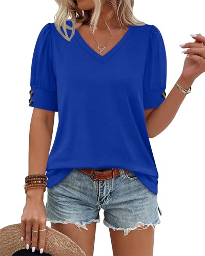 Image of OFEEFAN Womens Tops Short Sleeve Shirts Buttons V Neck Spring Fashion Summer Outfits Plus Size Blouses Dressy Casual