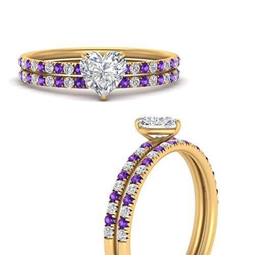 Image of Choose Your Gemstone Pave Petite Ring with Matching Wedding Band Yellow Gold Plated Heart Shape Wedding Ring Sets Minimal Modern Design Birthday Gift Wedding Gift US Size 4 to 12