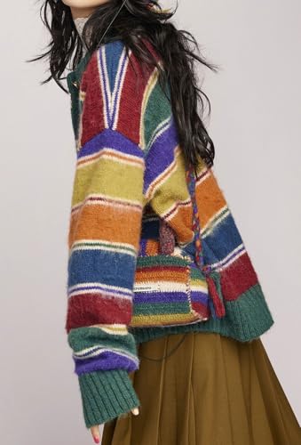 CHARTOU Women Striped Cardigan Sweaters Fall Trendy Rainbow Color Block Open Front Sweater Coats4