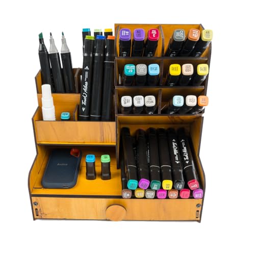 Image of Wooden Desk Organiser Pen Stand for Study Table Brown