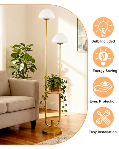 Image of Lightdot 63IN Gold Dimmable Floor Lamp with Table Modern Mid Century Standing Lamps with Bulbs Included Unique Vintage Tall Floor Lamp with 5Lbs Heavy Base for Living Room /Sofa Beside /Corner Decor