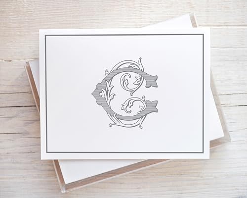 Personalized Monogrammed Note Cards, Single Letter Vintage Monogram, FOLDED Cards, Thank You Notes, Custom Initial Stationary, Notecards, Set of 10 Cards and Envelopes 24-3 - Thumbnail 2