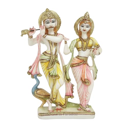 Image of Handicrafts Paradise Culture Marble Radha Krishna with Peacock Hand Painted Statue - 6.75inch