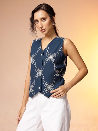 Image of Amazon Brand - INKAST Women Floral Textured Sleeveless Button-Down Vest with Pockets | V-Neck Waistcoat Blouse | Pointed Hem | Tunic Top