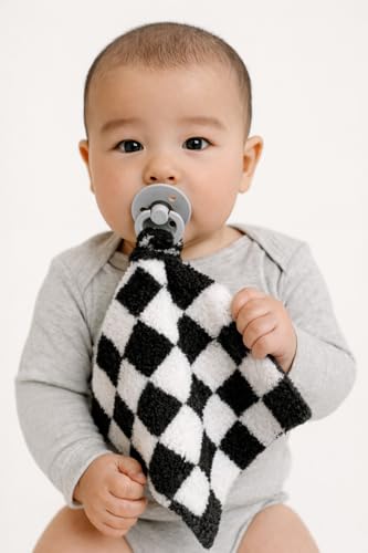 Image of L+L USA Checkered Baby Lovey Pacifier /Teether Holder 10 inchx10 inch - DreamSoft Plush Fluffy Cuddly Soothie Reversible Mini Comfort Blanket - Cute Newborn Gift Essential Babies Boys Girls (Black /White)