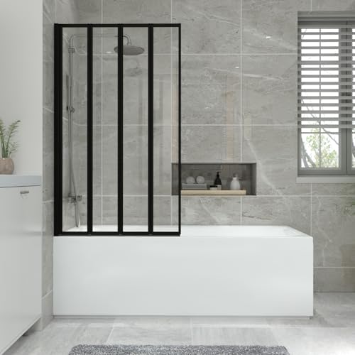 NRG 1700x700mm Acrylic Single Ended Straight Bath + Black 4 Panel Folding Bath Screen with Front Panel White Bathroom Bathtub