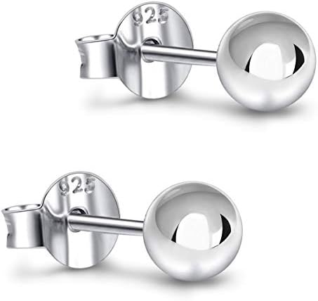 Savlano 925 Sterling Silver 18K Gold Plated Ball Stud Earrings For Women, Girls & Men (White, 6mm)