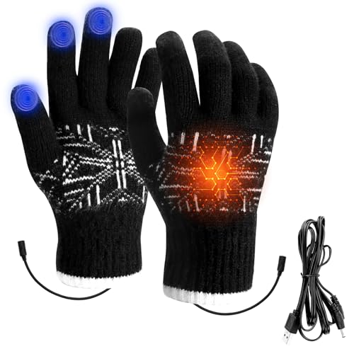 Dreamtop USB Heated Gloves for Men Women, USB Charging Knitted Heating Gloves, Washable Hand Warmers Laptop Mittens, Full Finger Gloves Adjustable Temperature Thermal Gloves for Winter Gift
