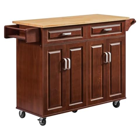 Lyromix Walnut 54" Rolling Kitchen Island on Wheels, Large Kitchen Island Cart with Storage Cabinet, Portable Wood Island Table for Kitchen with 2 Drawers and Spice Rack & Towel Rack, Brown Cover
