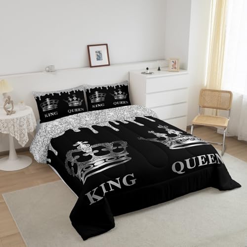 Image of Feelyou Couple Twin Silver Crown King & Queen Bedding Set Boys Girls Mr & Mrs Comforter Set Glitter Print Comforter Adults Anniversary Duvet Set 2Pcs