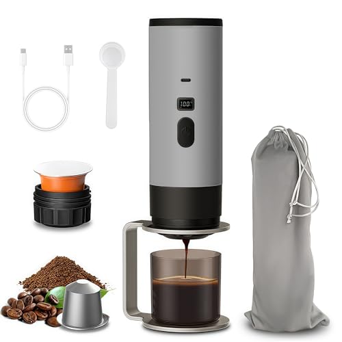 Cafetera portátil para viajes, nano cafetera, compatible con café molido y cápsulas, para RV, senderismo, camping, oficina, café expreso de viaje, gris eléctrico
