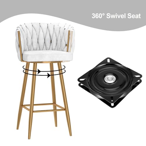 Tabouret de bar pivotant en velours blanc design tressé - 6