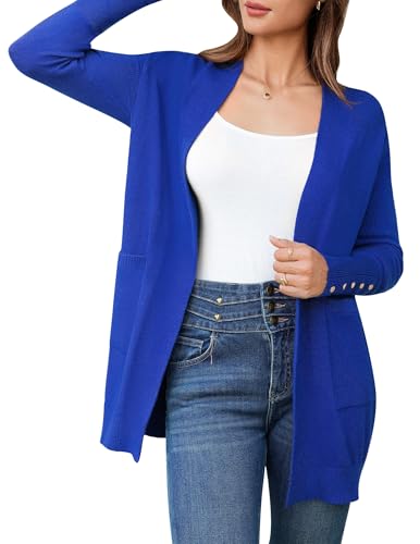 BB&KK Women's Casual Knit Cardigan Button Cuff Long Sleeve Knit Open Front Lightweight Sweaters Coat with Pockets Royal Blue XL