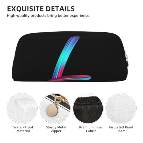 Image of Cute Initial Pencil Case for Kids Simple Leather Pencil Pouch for Boys Girls Letter Design Pencil Box Pen Bag Pencil Pouch Office Stationery Organizer, Rainbow Letter L