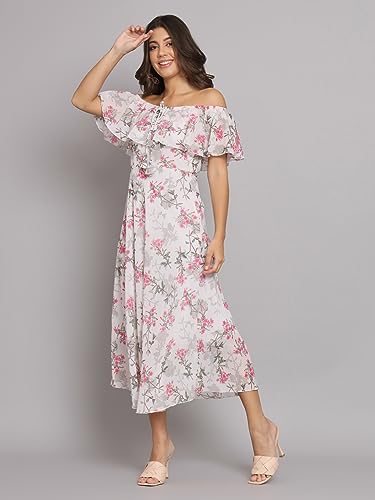 Image of HELLO DESIGN Women Off-Shoulder Floral Printed Georgette A-line Maxi Dress