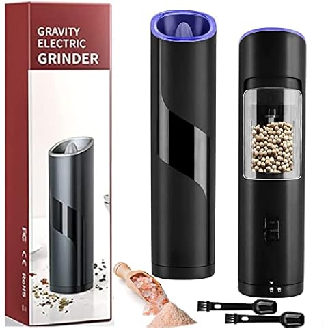 Electric Salt and Pepper Grinder Set,HOMGEN Popular Battery Salt and Pepper Grinders ABS Gravity Electric Salt Automatic Pepper Mill with Anti-Misuse Switch Blue Led Light for Kitchen Picnic etc Cover