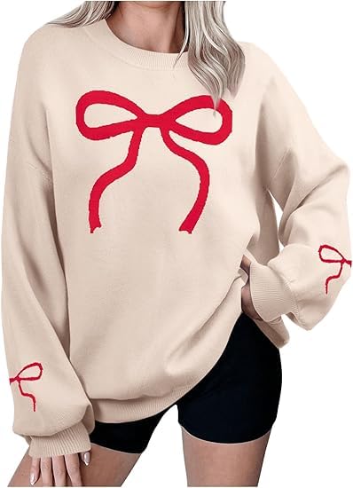 Fall Long Sleeve Pullover Sweaters for Women 2025 Trendy Crewneck Casual Cute Bow Print Oversized Sweater