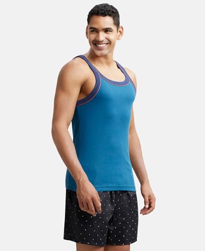 Image of Jockey US54 Men's Super Combed Cotton Rib Square Neckline Gym Vest with Back Panel Graphic Print (Shoulder Starp Color May Vary)