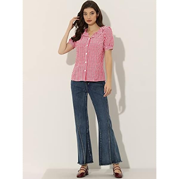 Allegra K Camicetta scozzese da donna con maniche a sbuffo e colletto Peter Pan