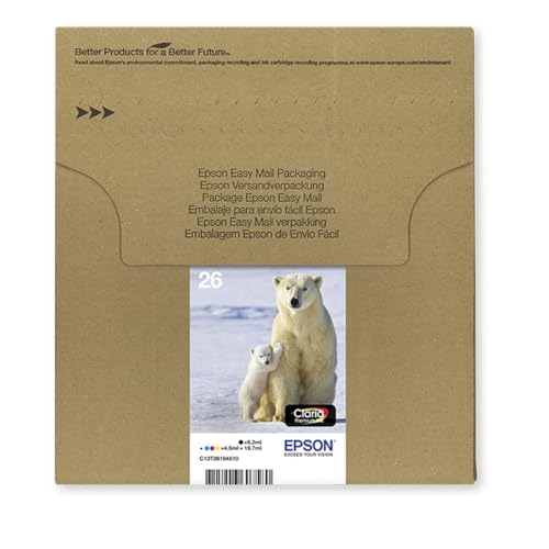 Epson 26 Polar Bear High Yield Genuine Multipack, Eco-Friendly Packaging, 4-colours Claria Premium Ink Cartridges