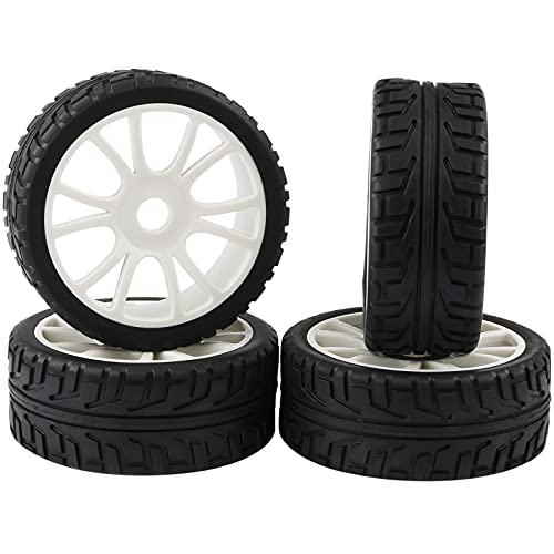 Rowiz RC Tires & Wheels Set (4PCS)- 1/8 Scale 17mm Hex Off-Road Buggy Tires for 1/8 RC Car & Truck, White Twin 6-Spoke Rims with Foam Inserts