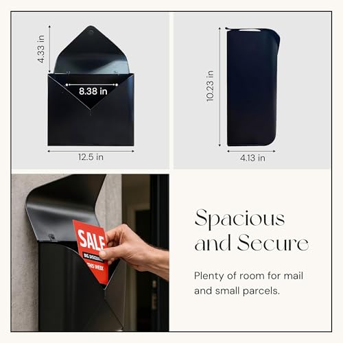 Image of NACH Sleek Envelope Waterproof Wall Mount Mailbox, Large for Outside, Extra Large Capacity, Black, 12.5x4x10 Inches, MB-6950