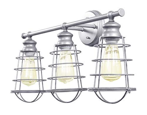 Image of Design House 519728 Ajax Industrial Modern 3-Light Indoor Bathroom Vanity Light with Metal Wire Cage Over the Mirror, Galvanized Steel