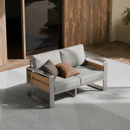Image of ZANDOR Aluminum Outdoor Patio Furniture-1 Pcs Loveseat,Sliver | Rustproof,High weight capacity,Water-repellent,Washable Cover,All-Weather Resistant,Easy clean,for Poolside Backyard Deck