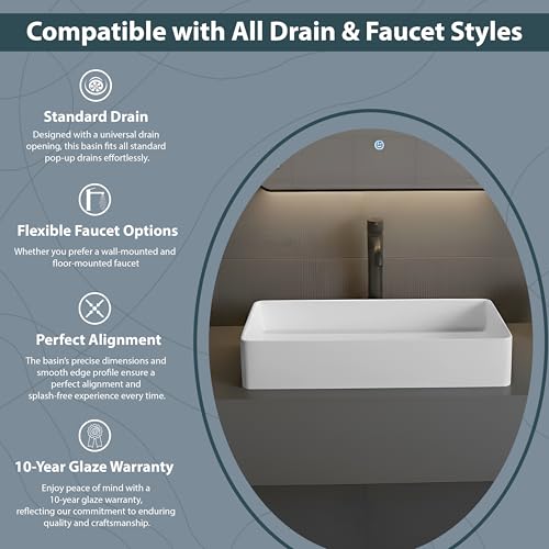 Image of WASSMIST Premium Wash Basin | Designer Ceramic Washbasin | Acid & Fade Resistant Table Top Bathroom Sink (24.61x15.35x4.33 Inch)