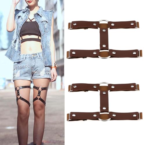2PCs Adjustable Faux Leather Leg Garter Belt, 2 Rows Thigh Garters for Women Parties, Black/Red/Pink/White/Brown2